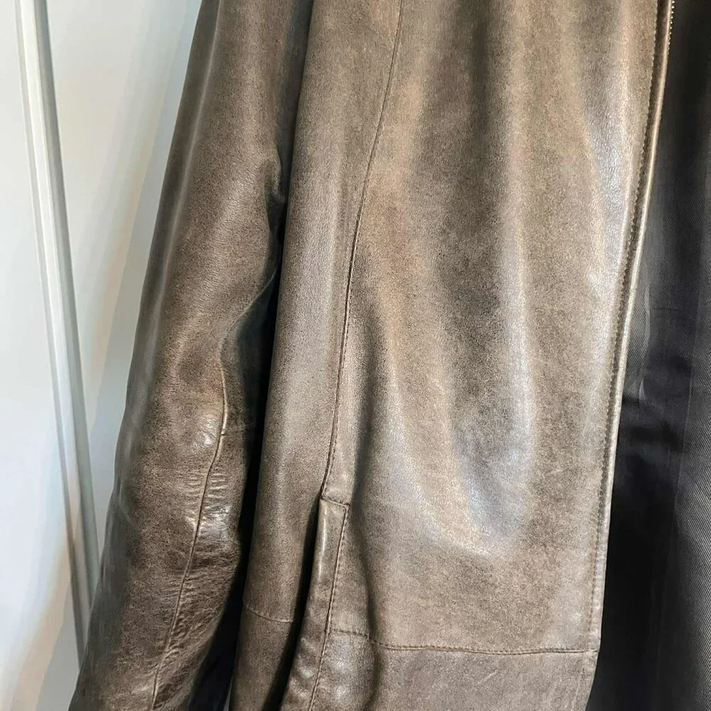 Bison Italian Leather Jacket Khaki Brown Size 52 XL Made in Italy Vintage - Picture 3 of 9